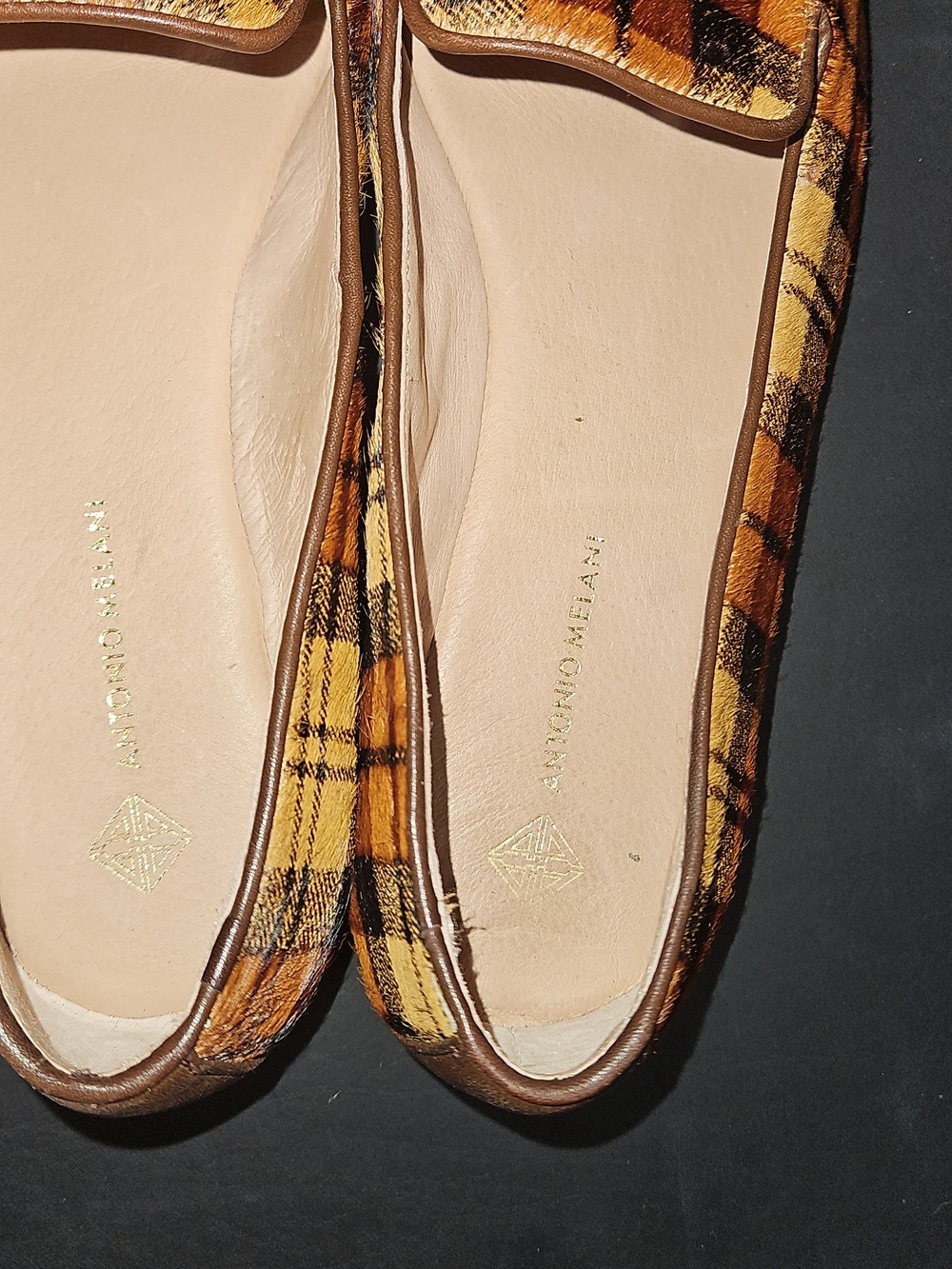 ANTONIO MELANI Yellow and Brown Plaid Calf Hair Women's Loafers Size 9 - Picture 5 of 13